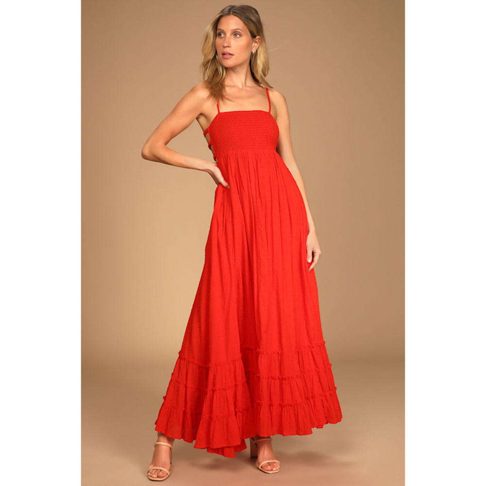 Lulus Serene Sunshine Red Swiss Dot Smocked Cutout Tiered Maxi Dress - Size S